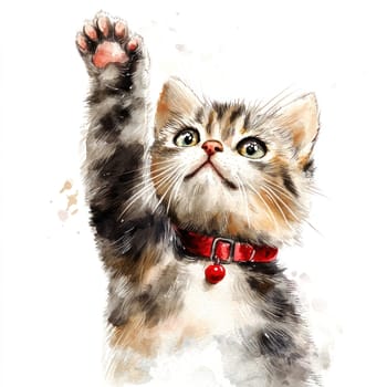 A Cute cat with raised paw and red collar, expressing curiosity and playfulness