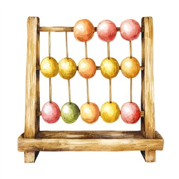 A Watercolor style depiction of colorful abacus with wooden frame, evoking nostalgia and playfulness