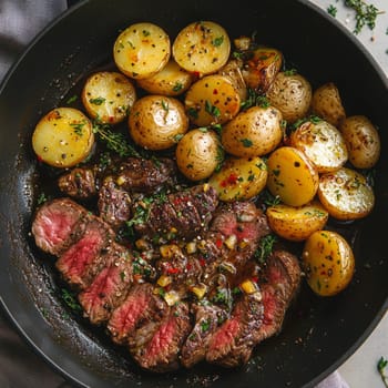 Tender steak slices paired with golden roasted potatoes and fresh herbs create a mouthwatering culinary delight.