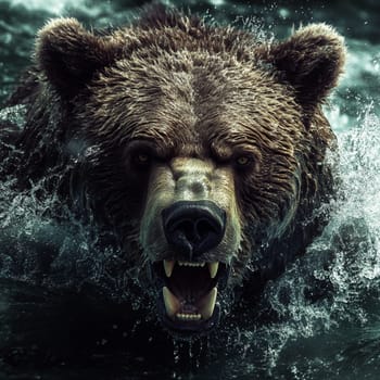 A majestic bear bursts through the surface of the water at dawn, showcasing strength and determination in nature.