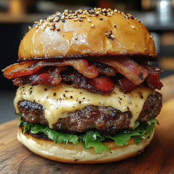 A mouthwatering burger topped with crispy bacon and gooey cheese rests on a wooden board in a lively setting.