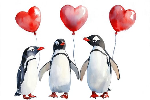 A Cheerful penguins holding heart shaped balloons create joyful scene