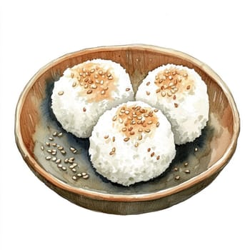 A Delightful rice balls topped with sesame seeds in wooden bowl, showcasing charming culinary presentation