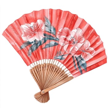 A beautiful red fan adorned with delicate floral patterns, showcasing elegance and artistry. Perfect for decoration or cultural events