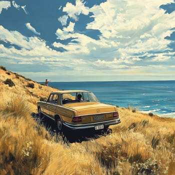 A vintage yellow car rests on a grassy hill overlooking the ocean, evoking nostalgia and adventure.