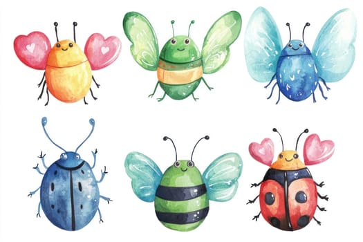 A Cute bugs with heart wings in vibrant colors, showcasing playful and whimsical design. Perfect for children art or decor