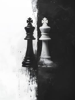 A monochrome photo of two chess pieces, showcasing symmetry and darkness. The tints and shades create a visually striking image, perfect for indoor games and art enthusiasts