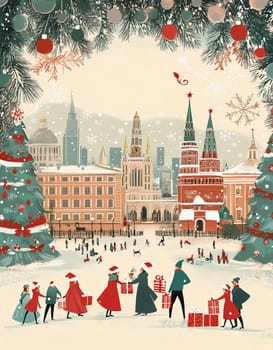 People in winter attire carry gifts while enjoying a festive atmosphere in a bustling city square.
