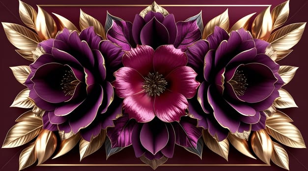 Three large stylized flowers, including a glossy magenta flower and deep purple layered petals, complemented by metallic gold leaves. Ideal for wall art, greeting cards, packaging, branding projects.