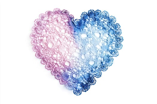 A Delicate lace heart doily in gradient pink and blue colors, perfect for decoration