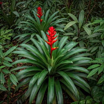 Lush green foliage with vibrant red flowers in a tropical setting, showcasing the beauty of nature Generative AI