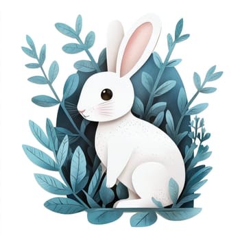A cute white rabbit surrounded by lush green leaves, showcasing playful and serene atmosphere