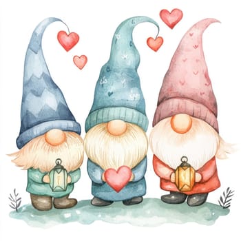 A Cute gnomes holding lanterns and heart, surrounded by hearts and greenery