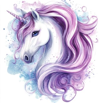 A whimsical unicorn with flowing purple mane and sparkling background evokes magic and wonder