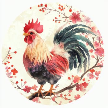 A colorful rooster stands proudly on branch surrounded by pink flowers, showcasing vibrant feathers and charming expression