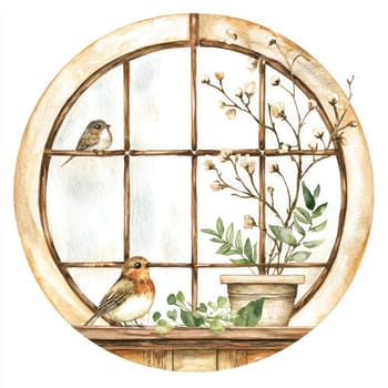 A serene watercolor scene featuring birds by circular window with plants. gentle colors evoke peaceful atmosphere