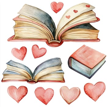 A Watercolor open books with heart bookmarks, expressing love for reading