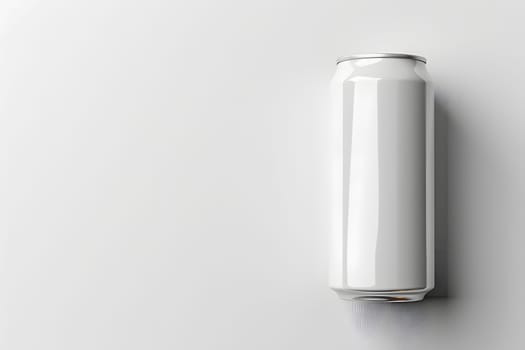 A metallic tin can of white soda rests on a sleek white table, reflecting off the shiny surface made of aluminum and glass