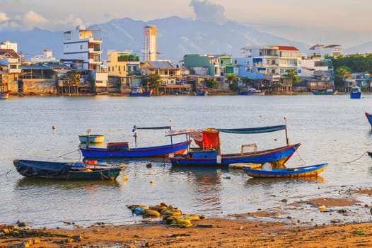 Fishing boats at the port or dock in Nha Trang, Vietnam.