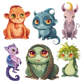 Collection of adorable colorful fantasy creatures with big eyes and unique designs