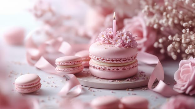 A close-up of a pink macaron topped with a lit candle and decorated with delicate flowers, set amidst soft pink ribbons and a dreamy floral backdrop for a birthday celebration