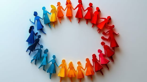 Vibrant paper-cut figures of diverse women forming a circular chain symbolizing unity, empowerment, and International Women's Day