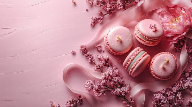 A top-down view of pink macarons adorned with small candles, surrounded by cherry blossoms and pastel ribbons, creating a perfect birthday celebration theme