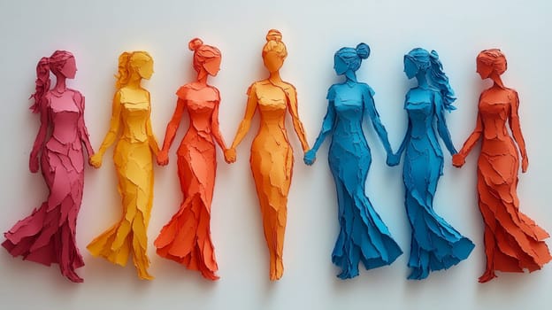 Textured paper-cut sculptures of women in rainbow hues, standing together and holding hands, symbolizing strength and unity for International Women's Day