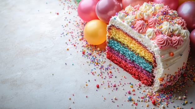 A slice of rainbow cake topped with whipped frosting and sprinkles, placed on a festive table with vibrant pink and yellow balloons, perfect for a cheerful birthday celebration