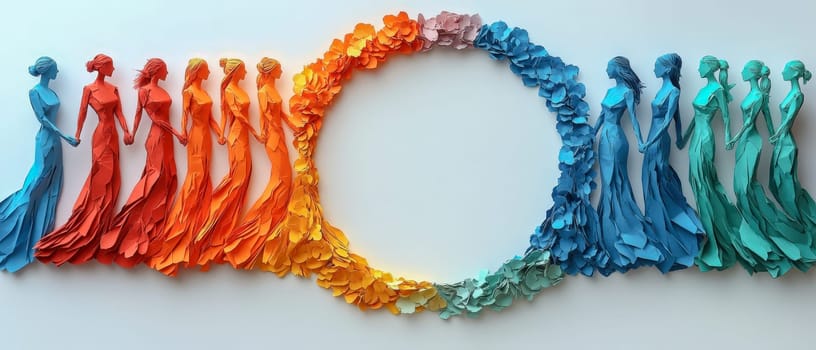 Sculpted paper figurines of women in vibrant rainbow tones forming a circle, surrounded by floral decorations, representing unity, diversity, and International Women's Day. Includes space for text placement in the center