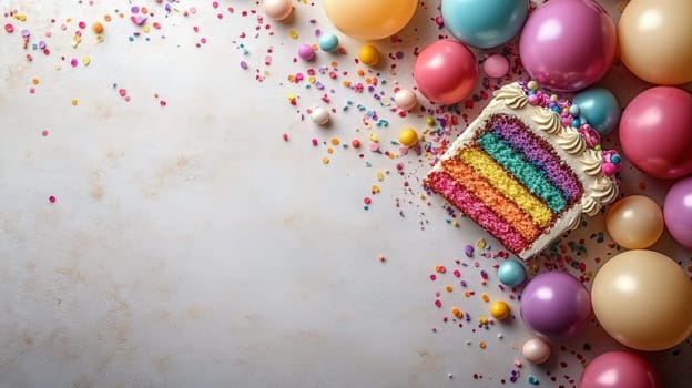 A vibrant slice of rainbow cake surrounded by colorful balloons and scattered confetti, creating a festive and joyful birthday setting