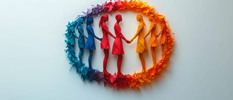 A group of women in colorful paper-cut designs forming a circular arrangement with paper flowers, symbolizing connection, celebration, and empowerment for International Women's Day. Space for text is available in the center
