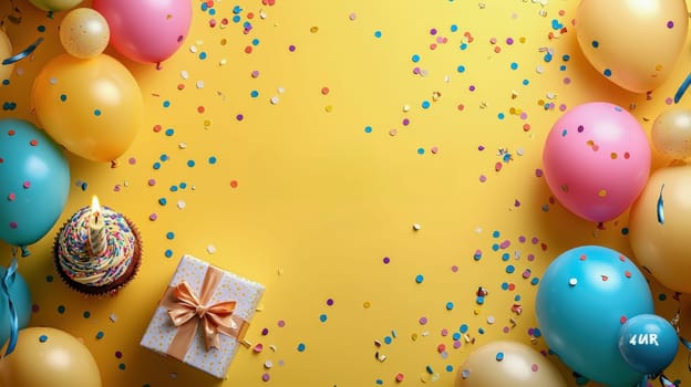A vibrant birthday setup featuring a cupcake with colorful sprinkles and a lit candle, surrounded by pastel balloons, confetti, and a gift-wrapped box on a bright yellow background