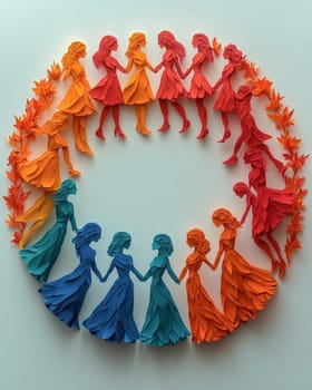 A vibrant and intricate paper sculpture featuring women in a circular arrangement, decorated with floral elements, celebrating International Women's Day themes of empowerment and solidarity. Center space available for text overlay