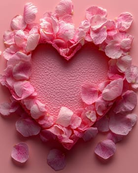 A soft pink textured heart encircled by delicate rose petals on a pastel pink background, evoking romance and tenderness for Valentine's Day