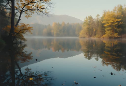 A peaceful watercolor depiction of a serene lakeside scene featuring reflections of trees, creating a calm and harmonious atmosphere.