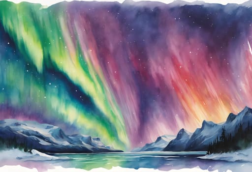 A stunning watercolor painting depicting the vibrant Northern Lights over the Arctic Circle, with radiant hues illuminating the icy expanse.
