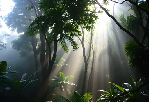 A misty jungle filled with lush greenery, where soft sunlight gently filters through the trees, creating a tranquil atmosphere.