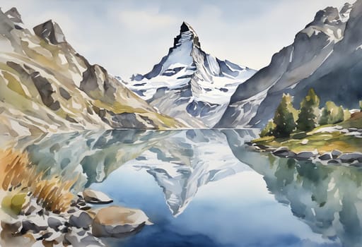 Watercolor painting of the iconic Matterhorn, its snow-capped peaks beautifully reflected in the pristine waters of a tranquil mountain lake.