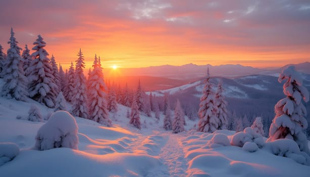 A breathtaking winter sunset over the Carpathian Mountains in Ukraine, with snow-covered peaks and vibrant skies casting a magical glow.