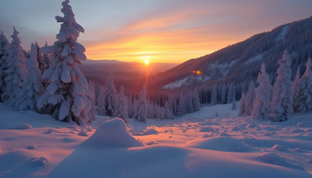A stunning winter sunset over the Carpathian Mountains in Ukraine, showcasing snow-covered peaks and a vibrant sky.