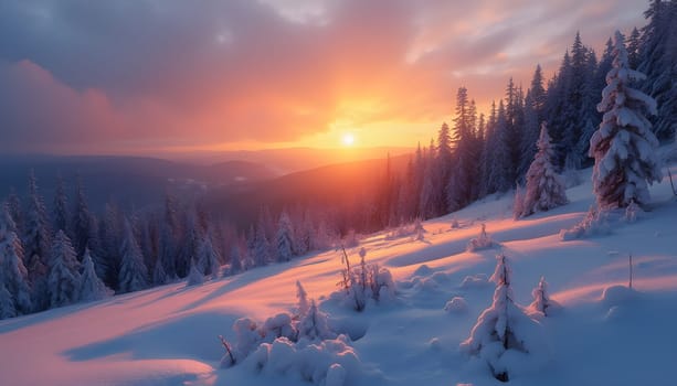 A stunning winter sunset over the Carpathian Mountains in Ukraine, showcasing snow-covered peaks and a vibrant sky.