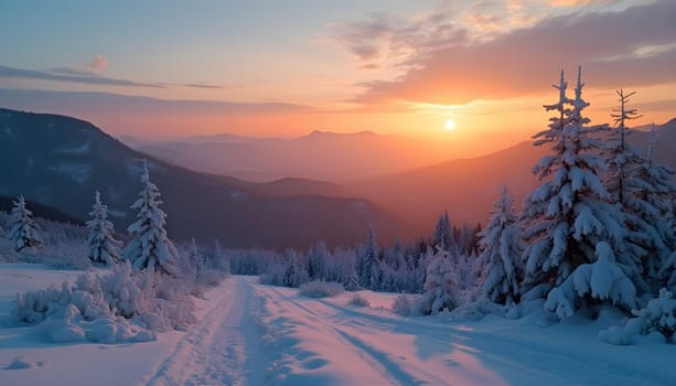 A stunning winter sunset over the Carpathian Mountains in Ukraine, showcasing snow-covered peaks and a vibrant sky.