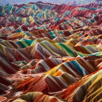 A stunning watercolor of the surreal, rainbow-colored mountains of Zhangye Danxia, showcasing the vibrant geological beauty of China.