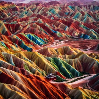 A stunning watercolor of the surreal, rainbow-colored mountains of Zhangye Danxia, showcasing the vibrant geological beauty of China.