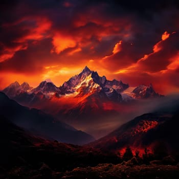 A dramatic mountain range at dusk, with a sky ablaze in fiery red and orange, casting warm hues on the peaks.