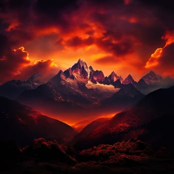 A dramatic mountain range at dusk, with a sky ablaze in fiery red and orange, casting warm hues on the peaks.