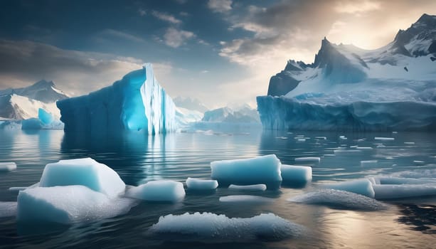 A visual representation of climate change, showing melting glaciers and rising sea levels, highlighting the environmental impact of global warming.
