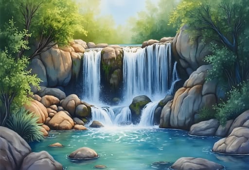A beautiful watercolor painting of a cascading waterfall surrounded by rocks and lush greenery, capturing the tranquility and natural beauty of the scene.