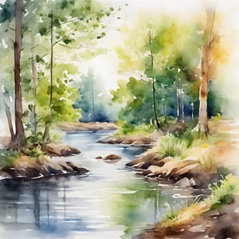 A tranquil watercolor painting of a forest landscape, featuring a calm river flowing through lush greenery under soft light.